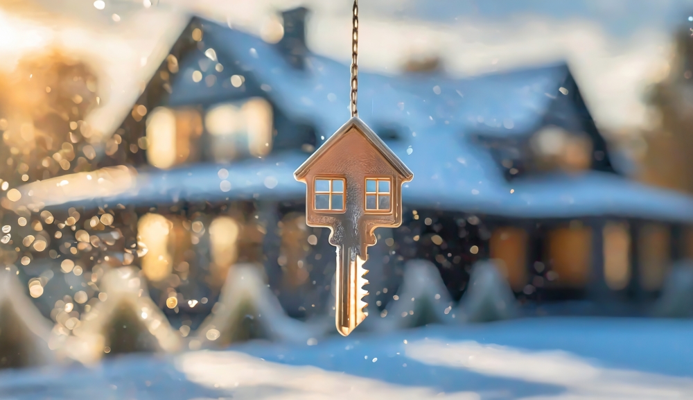 Key with house shaped keychain. Modern country private house with winter snowy garden on the background. Real estate, moving home or renting property concept