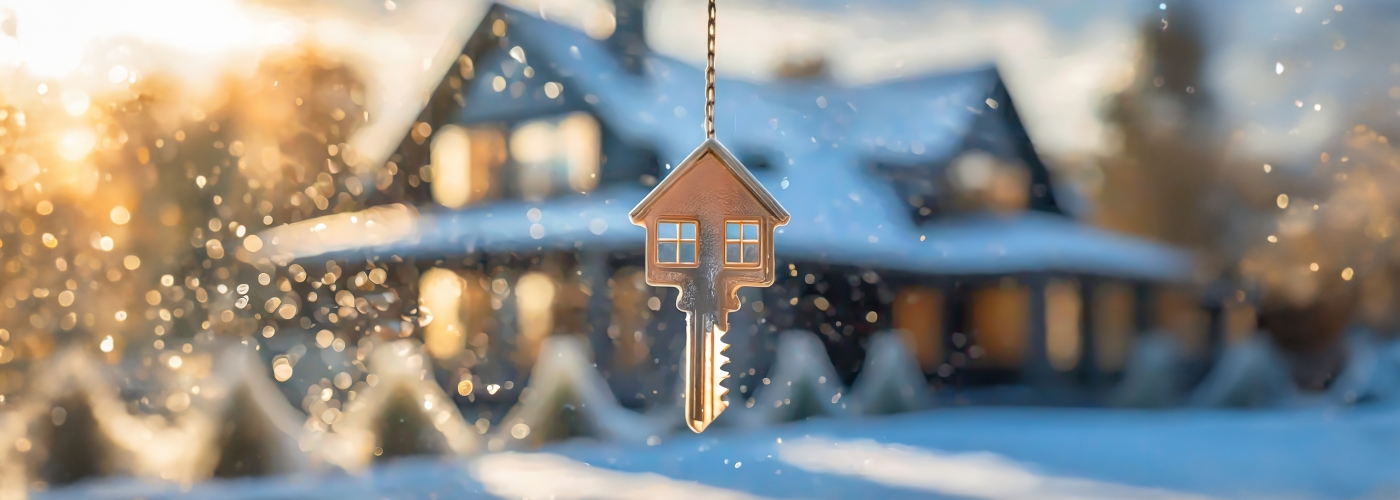 Key with house shaped keychain. Modern country private house with winter snowy garden on the background. Real estate, moving home or renting property concept. Key with house shaped keychain. Modern country private house with winter snowy garden on the background. Real estate, moving home or renting property concept